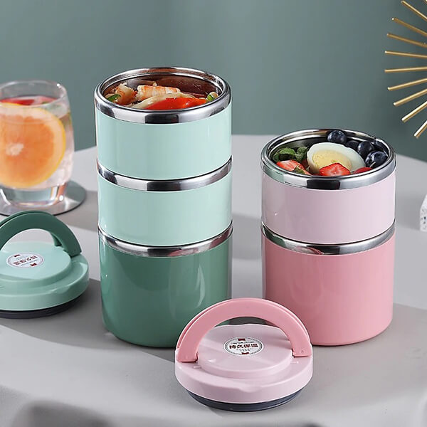 hộp đựng cơm giữ nhiệt 3 tầng màu xanh và hồng